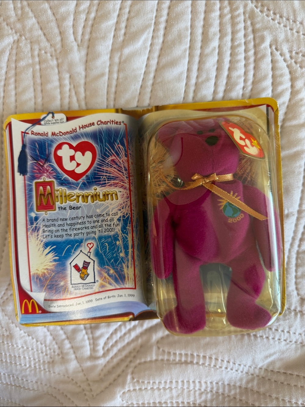 Ty Millennium Bear Plush - Purple with Gold Ribbon